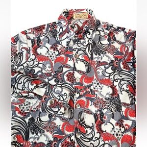 Vintage 70s Disco Shirt Men’s Medium Red Black Gray Paisley Floral Print